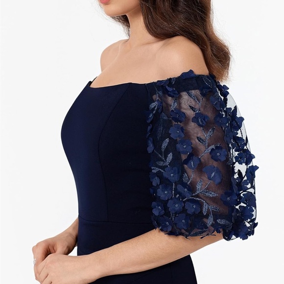 XSCAPE Off-The-Shoulder Balloon-Sleeve Mermaid Gown Navy - Picture 4 of 9